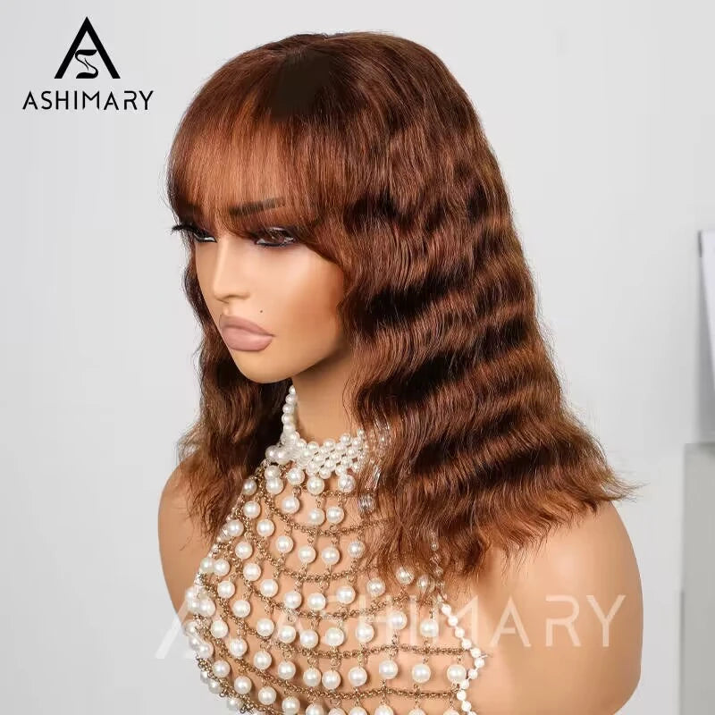 Ginger Brown 4x4 Lace Closure Loose Deep Wave Wig With Bangs - Image 6