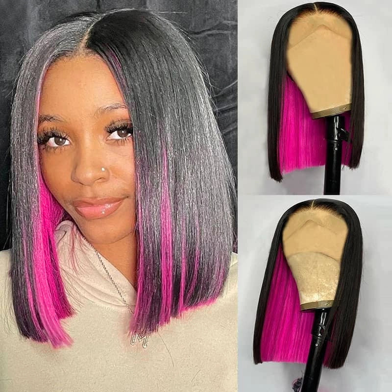 Hidden Color Bob Short Hair Peekboo Highlight Pink Transprant Lace Wig - Image 3