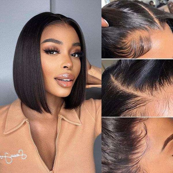 Double Drawn High Density Bone Straight Pull Go 13x4 Lace Bob Wig Lace Frontal Natural Black Glueless Wig - Image 5