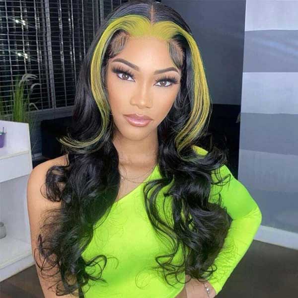 Green Color Highlight Lace Wigs Skunk Stripe Hair 4*4 13*4 Lace Front Wig 180% Straight Brazilian Human Hair - Image 4