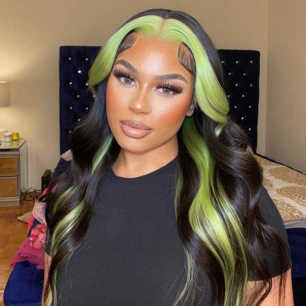 Green Color Highlight Lace Wigs Skunk Stripe Hair 4*4 13*4 Lace Front Wig 180% Straight Brazilian Human Hair - Image 3