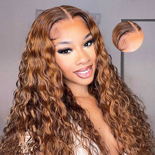 Boho-Chic Ready to Wear Breathable Highlight Water Wave 100% Glueless Wig Human Hair with Pre Cut Lace & Plucked Hairline & Bleached Knots - Image 5