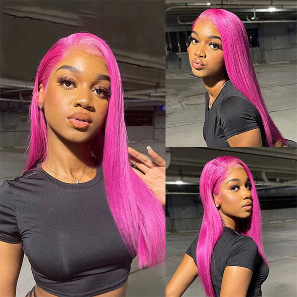 Hot Pink Color HD Transparent 5x5/4x4 Lace Closure Wig Straight hair