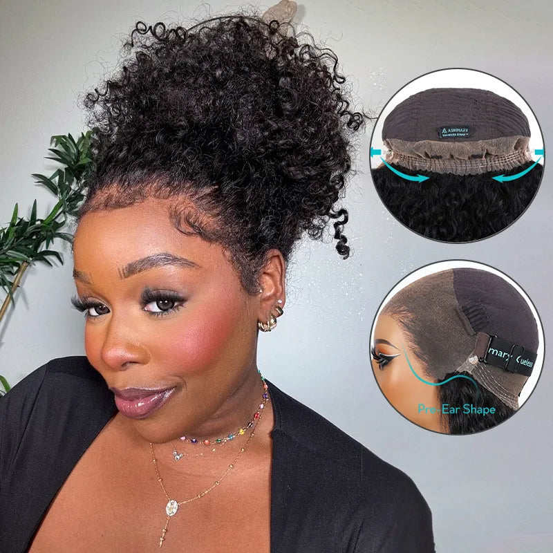 BOGO Kinky Curly Invisi Strap Snug Fit 360 Transparent Lace Frontal Updo Freely Human Hair Wig