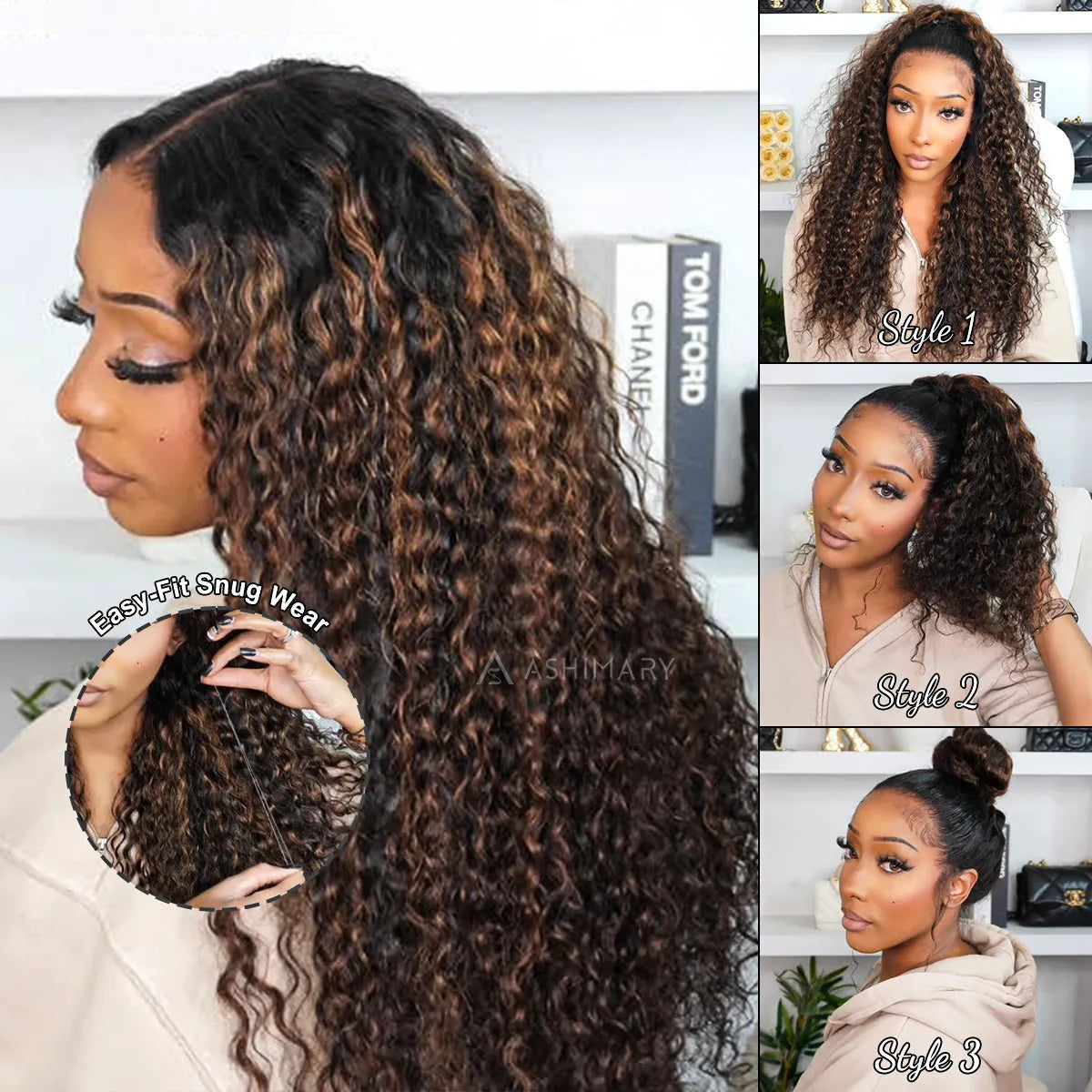 Water Wave 360 Lace Frontal Wig with Invisi Strap Brown Balayage Highlight Adjustable Fit Pre-Bleached and Pre-Cut Skin Lace - Image 6