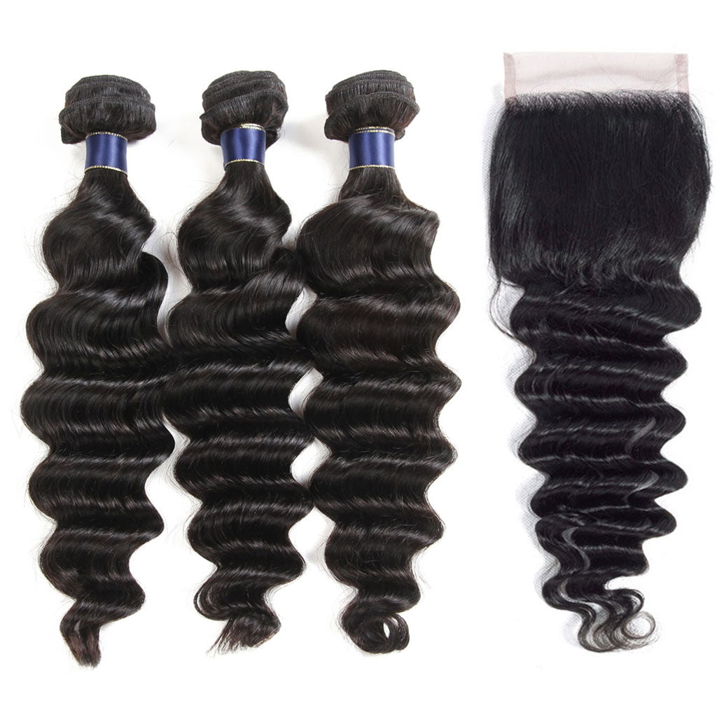 10A Loose Deep Wave Hair 4 Bundles With Closure Natural Color - Image 2