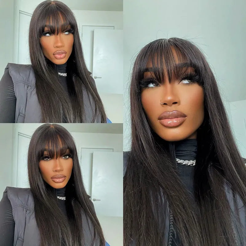Layered Cut with Bangs 4x4 Transparent Lace Closure Wig Straight Human Hair 180% Density - Image 2