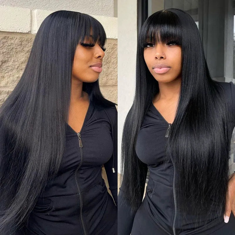 Layered Cut with Bangs 4x4 Transparent Lace Closure Wig Straight Human Hair 180% Density - Image 3
