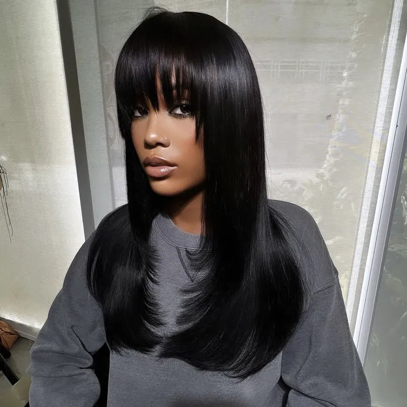 Layered Cut with Bangs 4x4 Transparent Lace Closure Wig Straight Human Hair 180% Density - Image 4