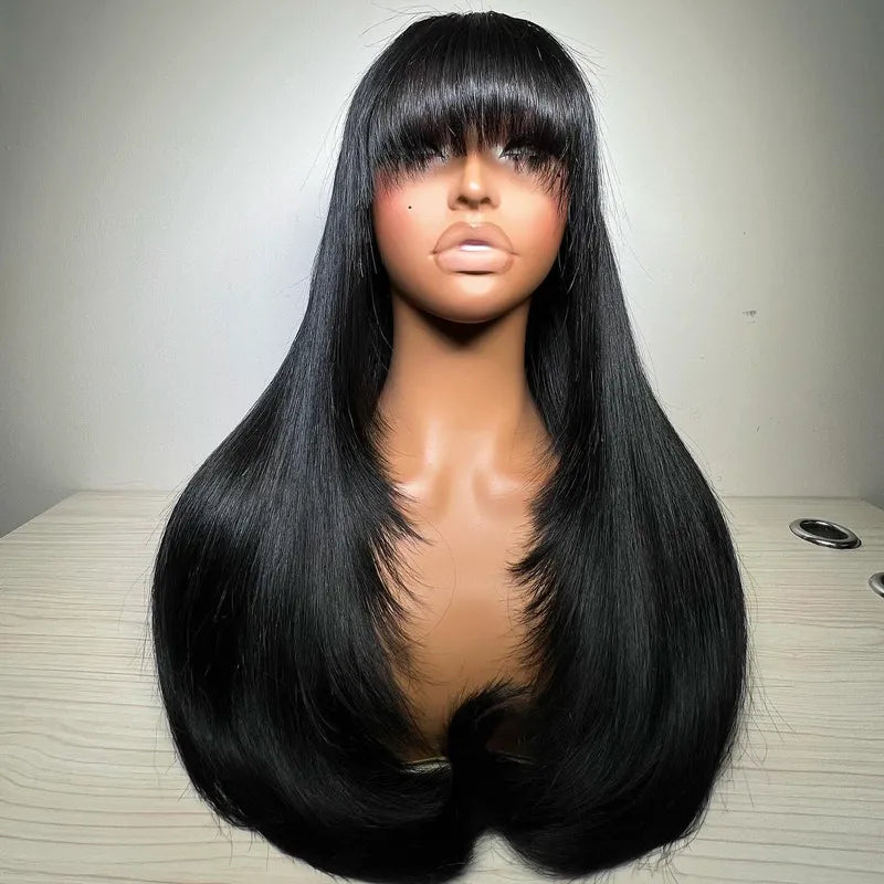 Layered Cut with Bangs 4x4 Transparent Lace Closure Wig Straight Human Hair 180% Density - Image 5