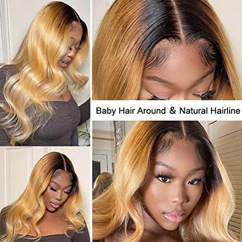 T1b/27 Ombre Honey Blonde Color Body Wave 13x4 Lace Front Pre-plucked Human Hair Wigs - Image 4