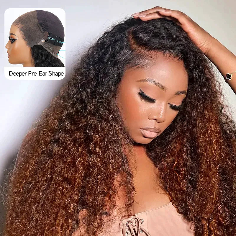 Glueless 360 Invisi Strap Upgrade Cap Lace Frontal Wig Brown Ombre With Black Roots Water Wave With Pre-Bleached Seamless Knots - Image 4