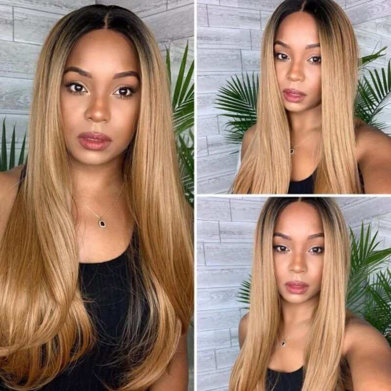 Ombre Honey Blonde T1b/27 Color Straight Hair 13x4 Lace Front Pre-plucked Human Hair Wigs
