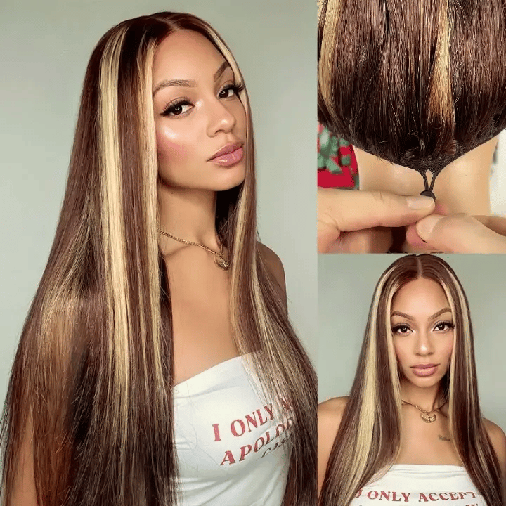 Honey Blonde Highlight Silky Straight Pull Go 13x6 Full Lace Wig Glueless Wig Suits All Heads
