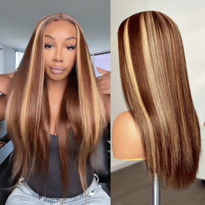 Honey Blonde Highlight Silky Straight Pull Go 13x6 Full Lace Wig Glueless Wig Suits All Heads - Image 3