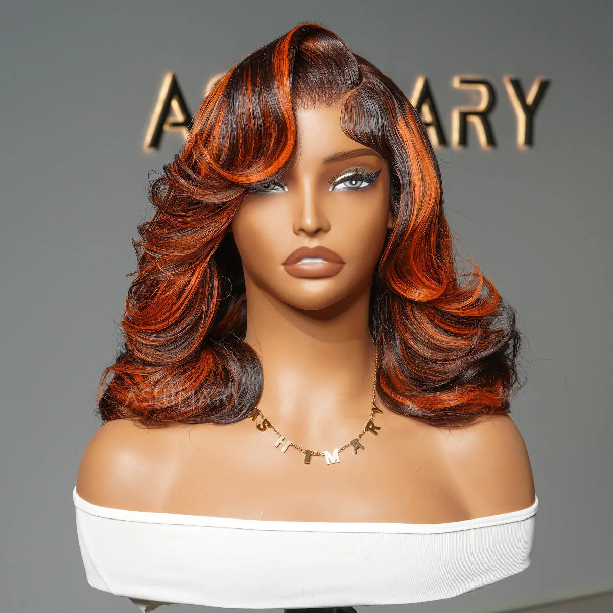 Ginger Highlight on Rich Brown Layer Cut Pre-Styled Body Wave Short Bob Wig Transparent Human Hair Wigs - Image 4