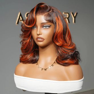 Ginger Highlight on Rich Brown Layer Cut Pre-Styled Body Wave Short Bob Wig Transparent Human Hair Wigs