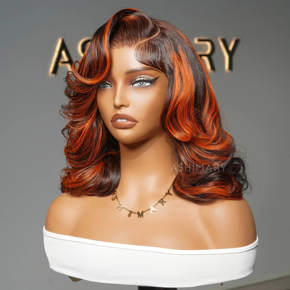 Ginger Highlight on Rich Brown Layer Cut Pre-Styled Body Wave Short Bob Wig Transparent Human Hair Wigs