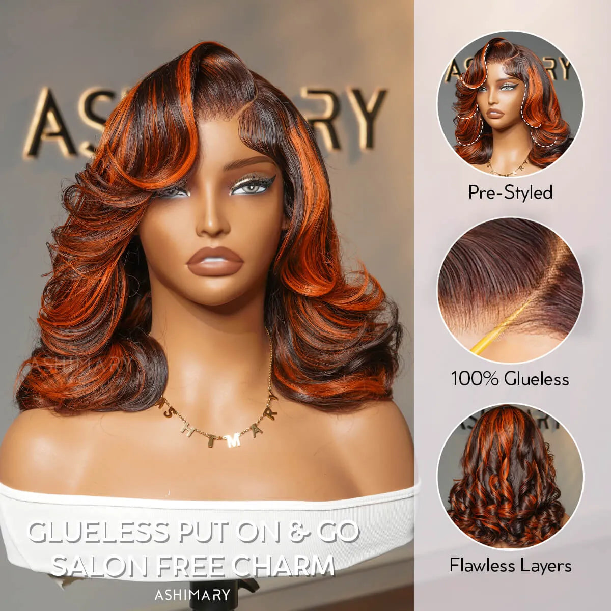 Ginger Highlight on Rich Brown Layer Cut Pre-Styled Body Wave Short Bob Wig Transparent Human Hair Wigs - Image 6