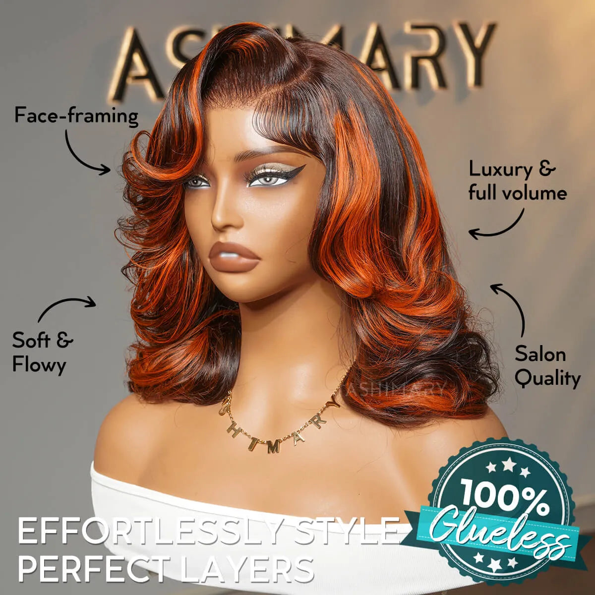 Ginger Highlight on Rich Brown Layer Cut Pre-Styled Body Wave Short Bob Wig Transparent Human Hair Wigs - Image 5