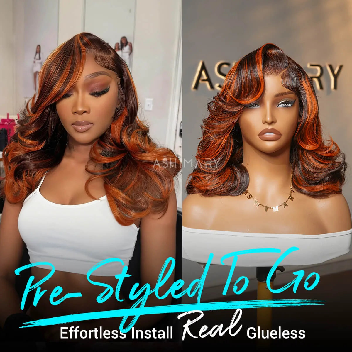 Ginger Highlight on Rich Brown Layer Cut Pre-Styled Body Wave Short Bob Wig Transparent Human Hair Wigs - Image 3