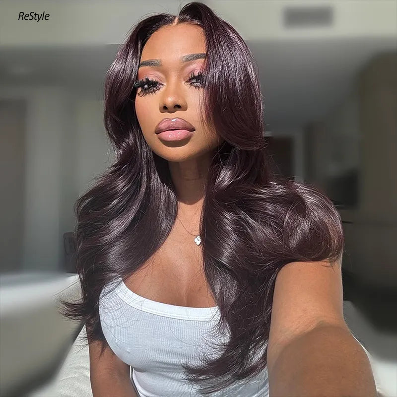 Salon Layered Cut Dark Plum Straight Wig Pull Go 13x4 Lace Tiny Knots Glueless Wig Siuts All Heads - Image 6