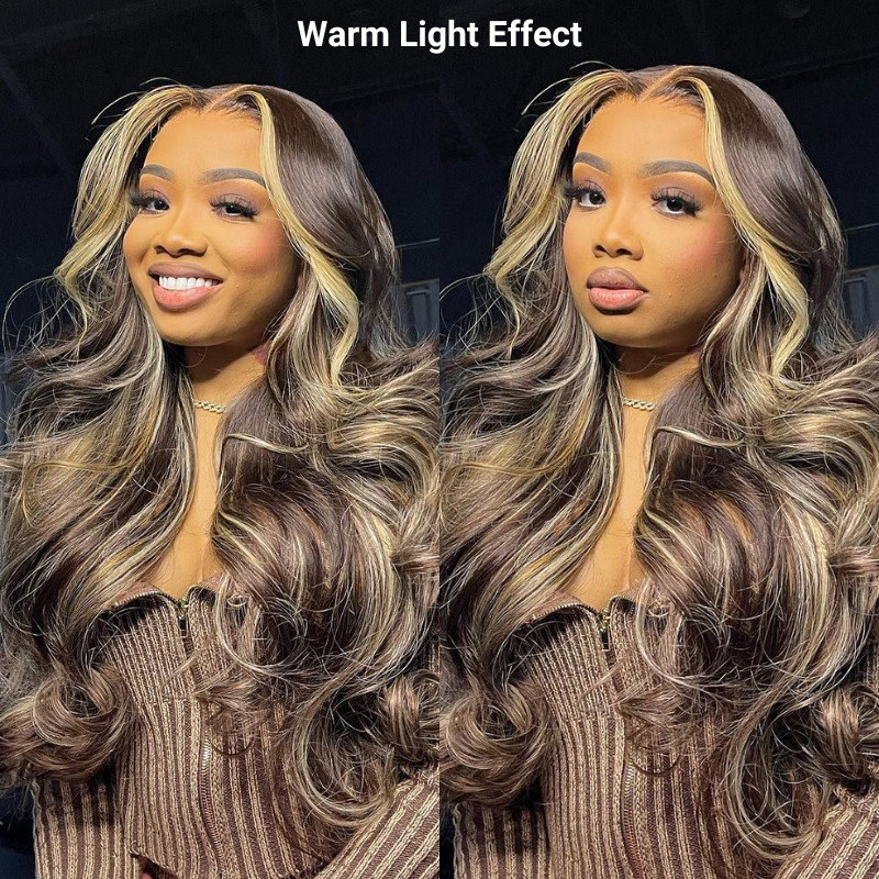 Chocolate Brown Blonde Highlight Color Salon Hairstyles Layered Cut Body Wave 13x4 Transparent Lace Front Wig Curtain Bangs Hair - Image 3
