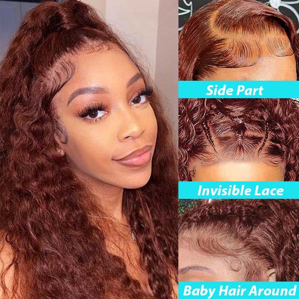 Reddish Brown 13x4 13x6 HD Transparent Lace Frontal Wigs Deep Wave 100% Human Hair - Image 3