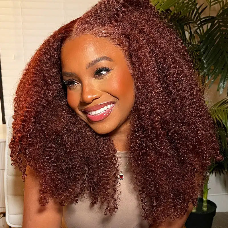 Reddish Brown Kinky Curly HD Transparent Lace Wigs - Image 4