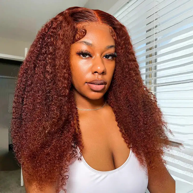 Reddish Brown Kinky Curly HD Transparent Lace Wigs