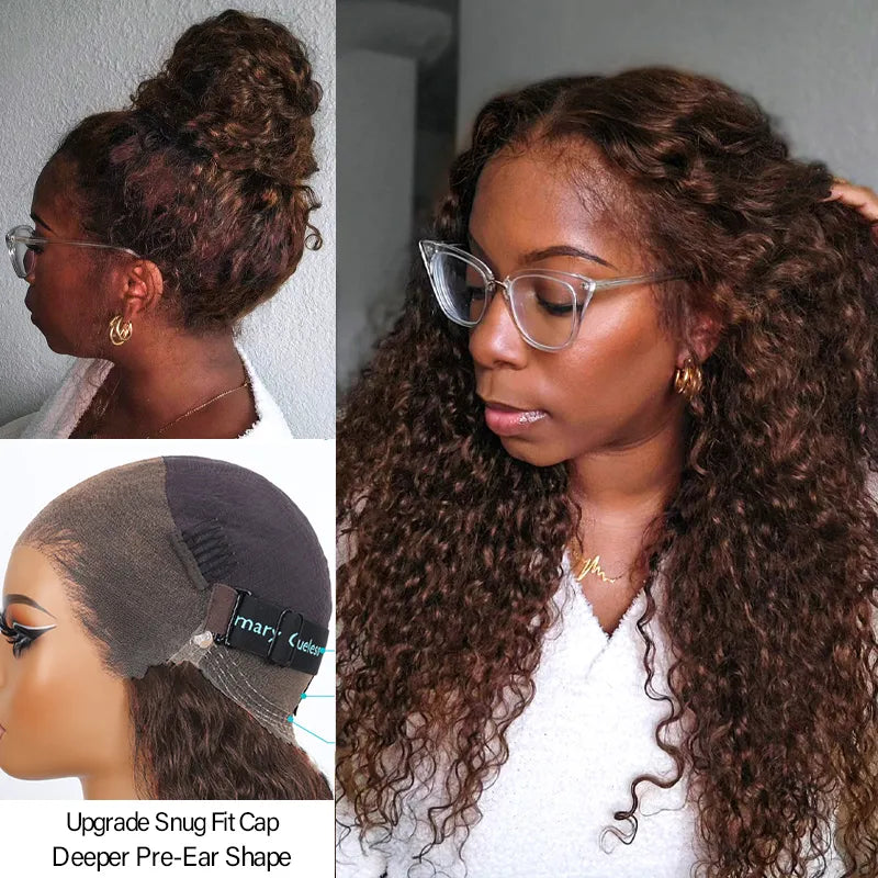 Chocolate Brown Water Wave Invisi Strap Snug Fit 360 Melting Lace Frontal Bleached Knots Glueless Lace Wig - Image 5