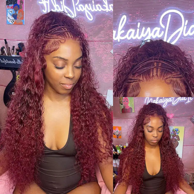99J Burgundy Curly Wig 360 Frontal Wigs Ashimary Virgin Hair Front Wigs - Image 9