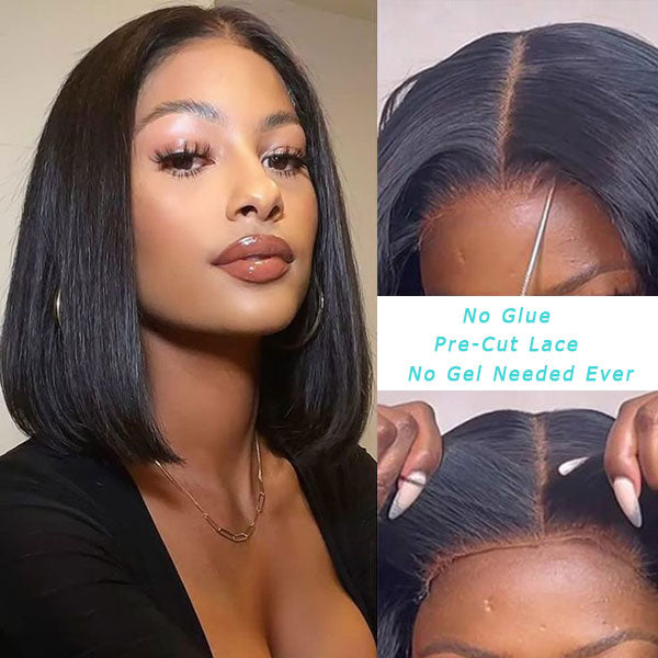Double Drawn High Density Bone Straight Pull Go 13x4 Lace Bob Wig Lace Frontal Natural Black Glueless Wig - Image 4