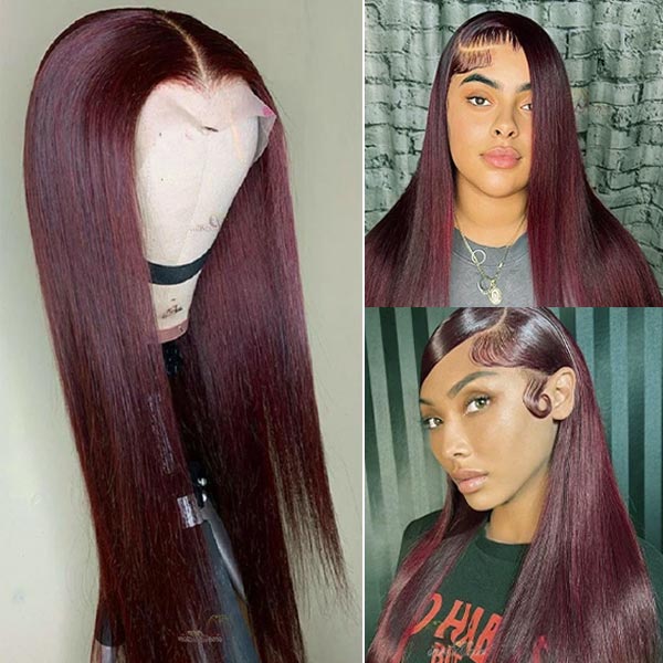 Straight Dark 99J Burgundy 13x4 Lace Front Wig Glueless Wigs 100% Human Hair - Image 2