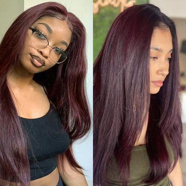 Straight Dark 99J Burgundy 13x4 Lace Front Wig Glueless Wigs 100% Human Hair