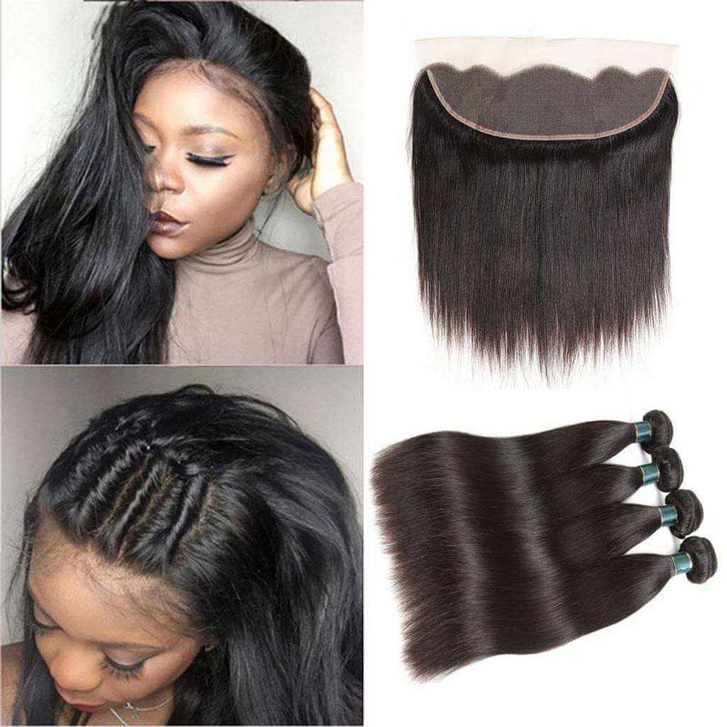 10A Brazilian Straight Hair 4 Bundles With Lace Frontal Human Hair