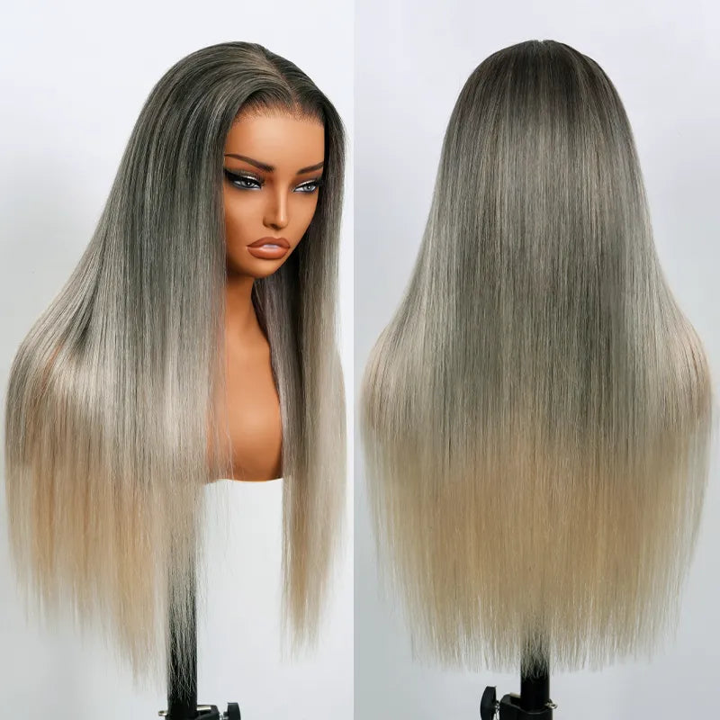 Straight Blonde Balayage with Dark Roots 13x4 Transparent Lace Frontal Clean Bleached & Pre-Plucked Wig Customized Color for Black Women - Image 11