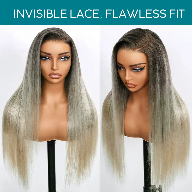 Straight Blonde Balayage with Dark Roots 13x4 Transparent Lace Frontal Clean Bleached & Pre-Plucked Wig Customized Color for Black Women - Image 9