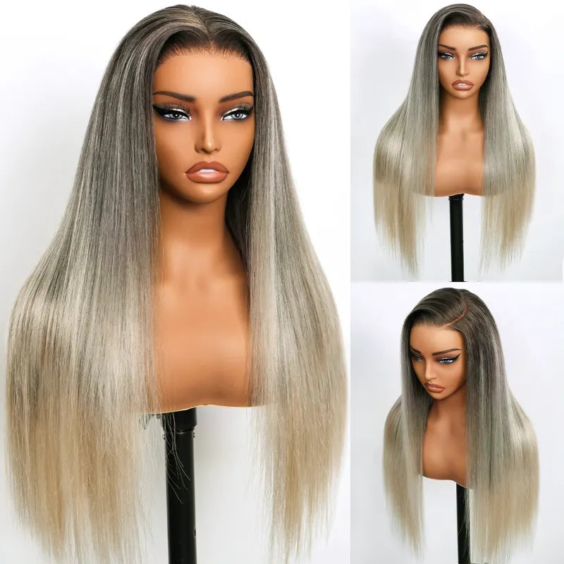 Straight Blonde Balayage with Dark Roots 13x4 Transparent Lace Frontal Clean Bleached & Pre-Plucked Wig Customized Color for Black Women - Image 12