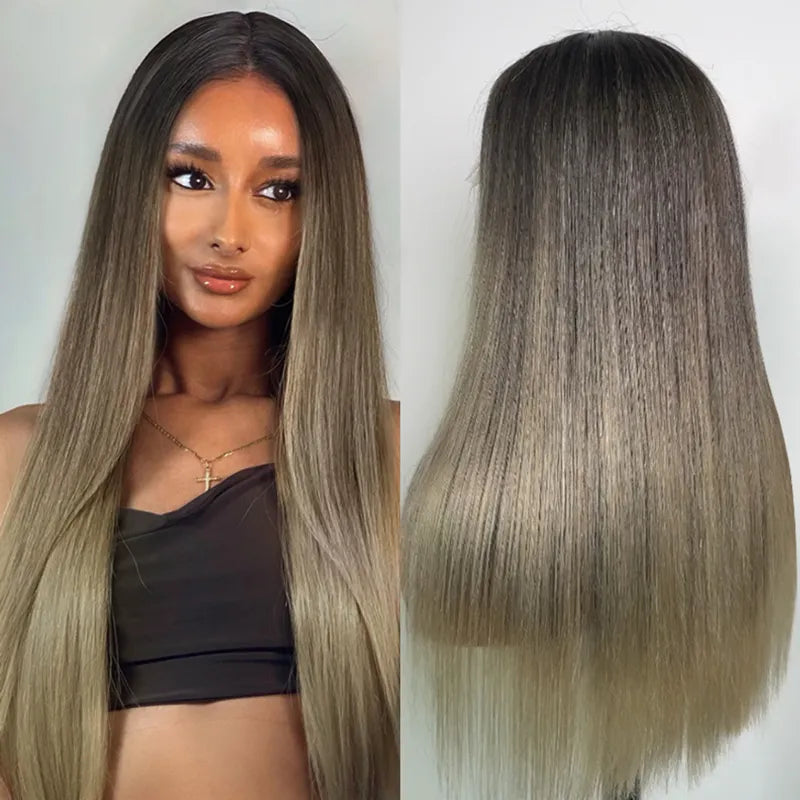 Straight Blonde Balayage with Dark Roots 13x4 Transparent Lace Frontal Clean Bleached & Pre-Plucked Wig Customized Color for Black Women - Image 2