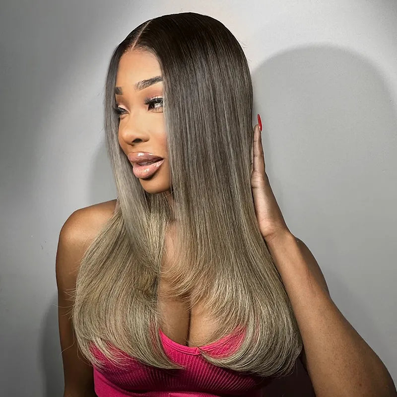 Straight Blonde Balayage with Dark Roots 13x4 Transparent Lace Frontal Clean Bleached & Pre-Plucked Wig Customized Color for Black Women - Image 5