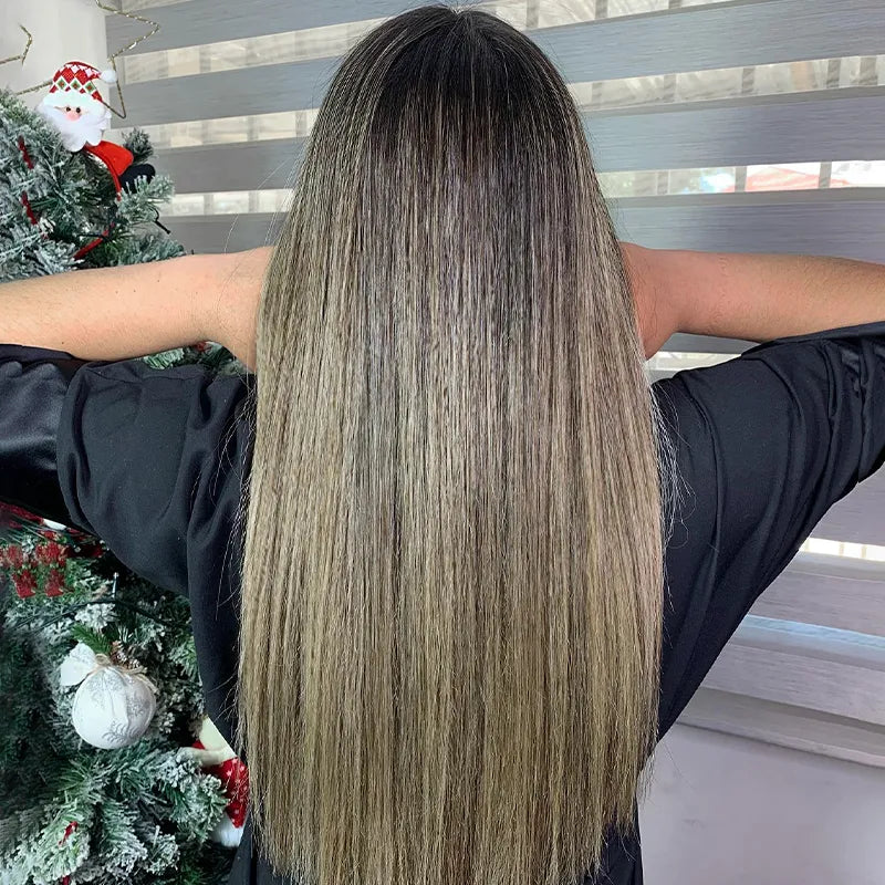 Straight Blonde Balayage with Dark Roots 13x4 Transparent Lace Frontal Clean Bleached & Pre-Plucked Wig Customized Color for Black Women - Image 8