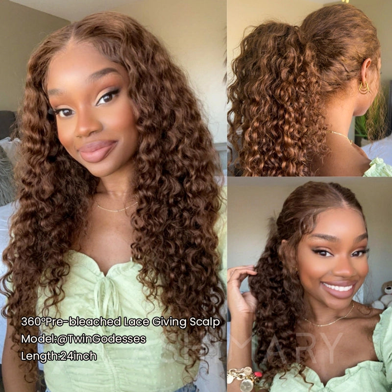 Chocolate Brown Water Wave Invisi Strap Snug Fit 360 Melting Lace Frontal Bleached Knots Glueless Lace Wig - Image 20