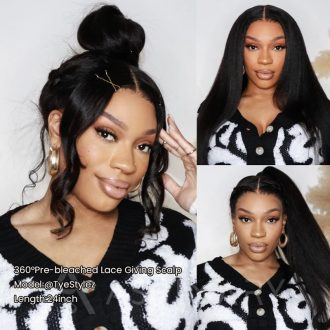 Super Natural Kinky Straight Invisi Strap Snug Fit 360 Transparent Lace Frontal BleachedKnots Pre Cut Lace Wig