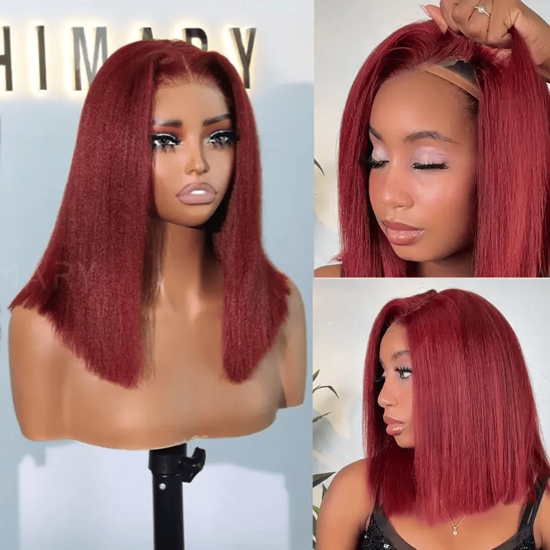 Reddish Brown Yaki Straight Pull Go 4x4 Lace Closure Bob Wig Double Drawn Silk Press Natural Look 100% Human Hair - Image 2