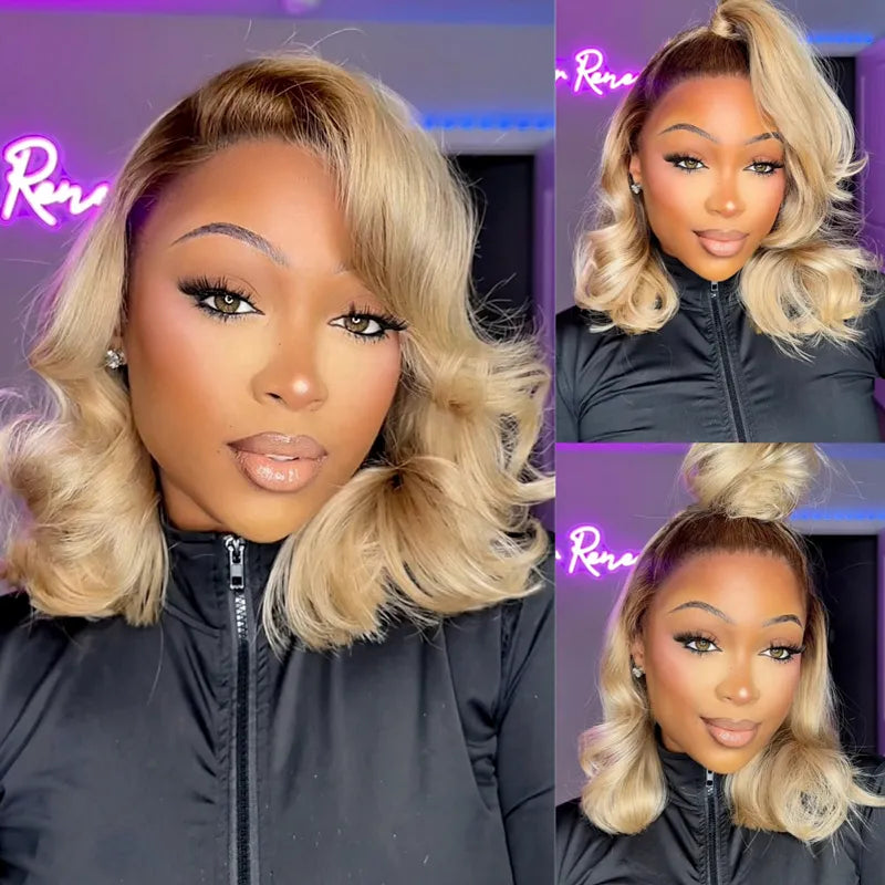 Straight Bob Ash Blonde with Dark Root 13x4 Transparent Lace Frontal Ready to Go Glueless Wig - Image 2