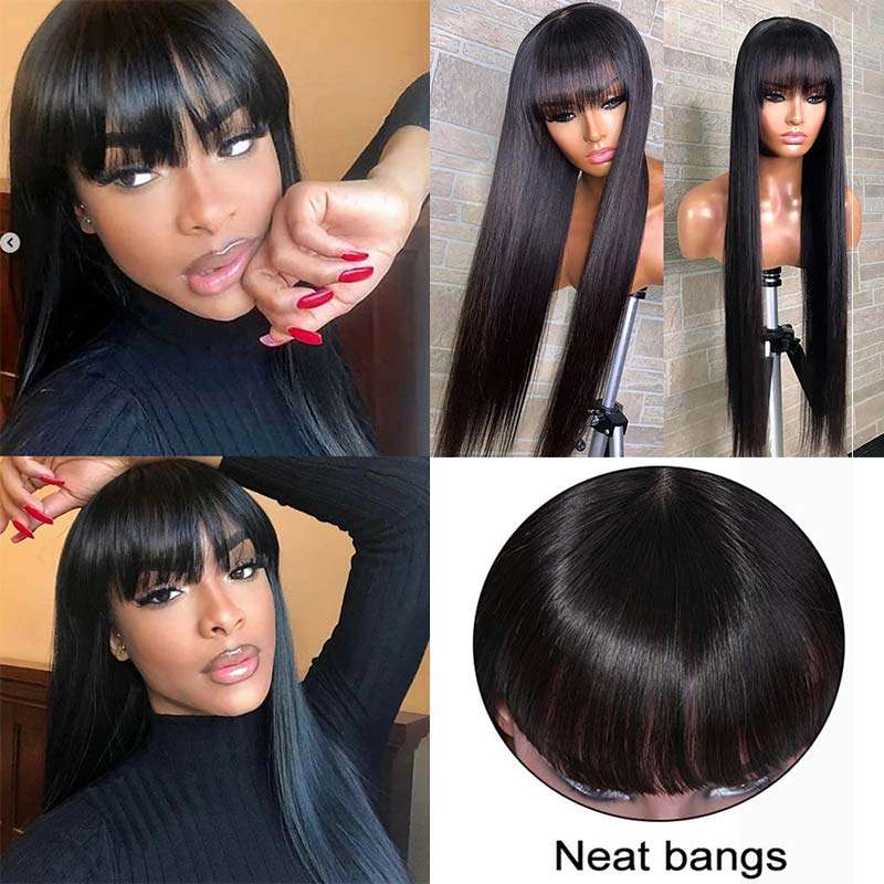 Ashimary Full Machine Made Wig Straight Virgin Hair Wigs With Bangs - Image 2
