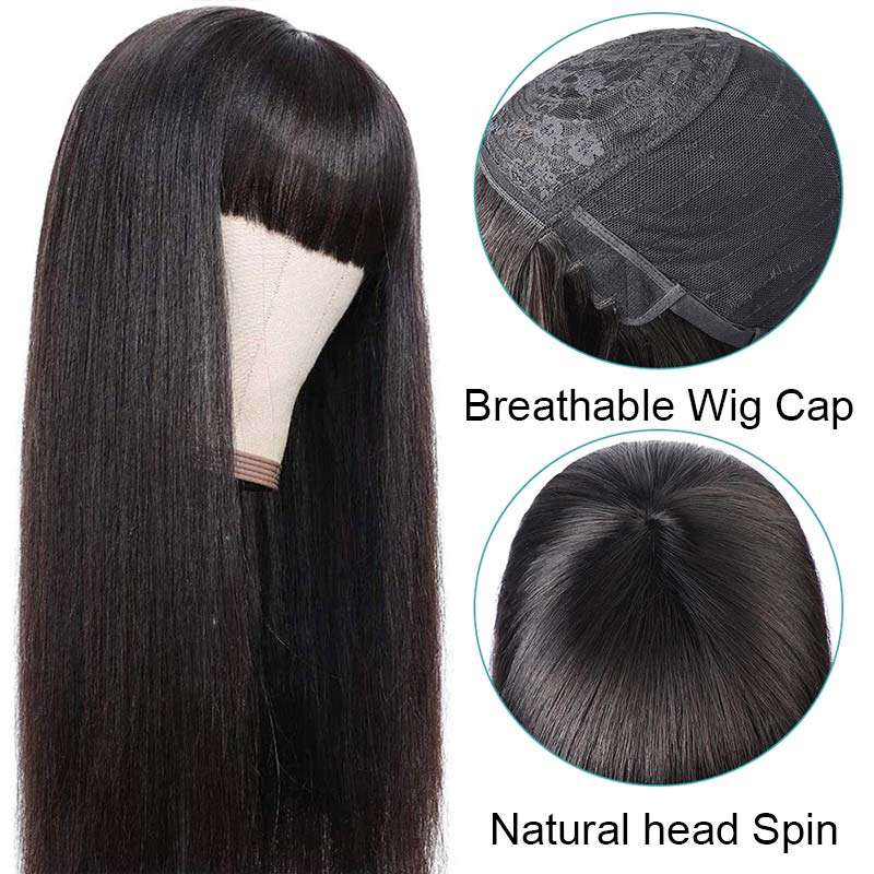 Ashimary Full Machine Made Wig Straight Virgin Hair Wigs With Bangs - Image 7