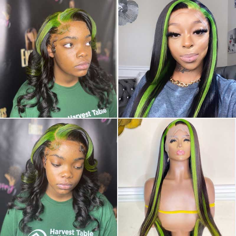 Green Color Highlight Lace Wigs Skunk Stripe Hair 4*4 13*4 Lace Front Wig 180% Straight Brazilian Human Hair - Image 5