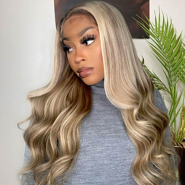 Blonde Highlights Wig Body Wave Transparent 13x4 Lace Frontal Blonde Balayage on Brown Hair - Image 2